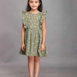 Biglilpeople Girls Ethnic Motifs Printed Flutter Sleeve Linen Fit & Flare Dress-5
