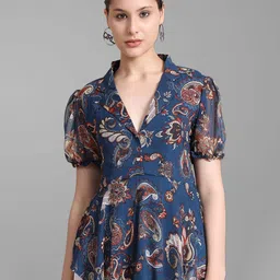 BAESD Ethnic Motifs Printed Mandarin Collar Puff Sleeves Pleated Georgette High-Low Top-picture-29