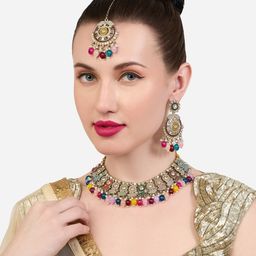 Zaveri Pearls Gold-Plated Stone Studded & Beaded Jewellery Set-picture-5