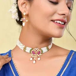 STYYO Gold-Plated Stone-Studded & Beaded Layered Jewellery Set-44