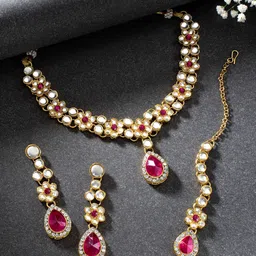 Peora Magenta & White Gold-Plated Kundan Crystal Jewellery Set-image-39
