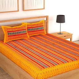 Lali Prints Yellow & Red Geometric Cotton 130 TC Queen Bedsheet with 2 Pillow Covers-picture-3