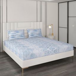 Monte Carlo Blue & White Geometric Cotton 144 TC Queen Bedsheet with 2 Pillow Covers-image-25