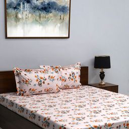 BOMBAY DYEING Orange & Grey Floral 164 TC Cotton Queen Bedsheet With 2 Pillow Covers-image-17