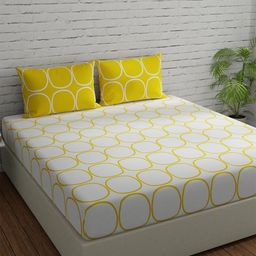 Huesland White & Mustard Geometric 144 TC Double Queen Bedsheet with 2 Pillow Covers-image-21