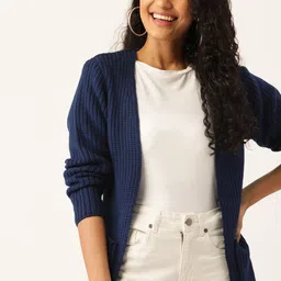DressBerry Women Navy Blue Ribbed Longline Front-Open Sweater-image-81