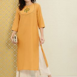 House of Pataudi Women Yellow & Green Floral Embroidered Yoke Design Thread Work Kurta-picture-53