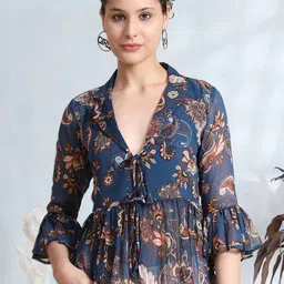 BAESD Ethnic Motifs Printed Shirt Collar Bell Sleeves Georgette Cinched Waist Top-image-35