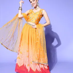 Chhabra 555 Mustard Embellished Mirror Work Made to Measure Lehenga & Blouse With Dupatta-picture-46