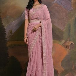 Anouk Pink & Gold-Toned Paisley Sequinned Pure Georgette Saree-picture-16
