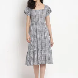 Porsorte Ethnic Motifs Printed Square Neck Puff Sleeve Tiered Fit and Flare Midi Dress-picture-33