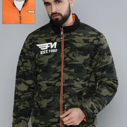 Flying Machine Men Olive Green Camouflage Printed Reversible Puffer Jacket-image-63