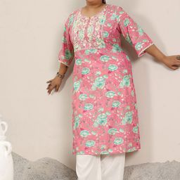 EXTRA LOVE BY LIBAS Plus Size Floral Printed Notch Neck Thread Work Straight Kurta-picture-17