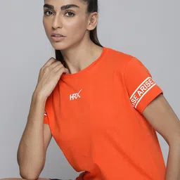 HRX by Hrithik Roshan Women Orange Brand Logo Printed Pure Cotton T-shirt-picture-34
