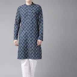 See Designs Men Navy & White Pure Cotton Ethnic Motifs Printed Regular Kurta with Trousers-picture-20