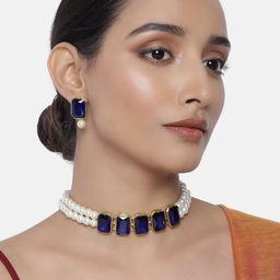 Peora Blue & White Gold-Plated Stone Studded Handcrafted Jewellery Set-image-30