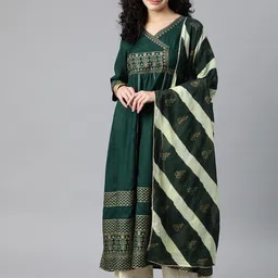 KALINI Women Green & Gold-Toned Floral Printed Gotta Patti Floral Anarkali Kurta-picture-22