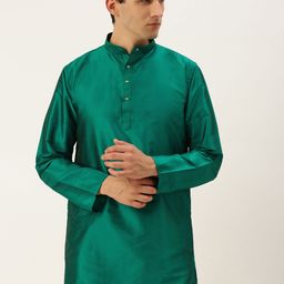 THANGAMAGAN Men Green Solid Straight Kurta with Link Detail-image-17