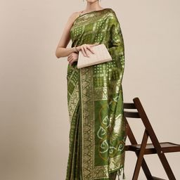 Mitera Olive Green & Golden Bandhani Silk Blend Bandhani Saree-image-57