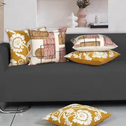 Ode & Cleo White & Mustard Set of 5 Floral Square Cushion Covers-16