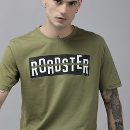 Roadster Men Olive Green Brand Logo Printed Pure Cotton T-shirt-image-100