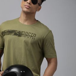 Roadster Men Olive Green Brand Logo Printed Pure Cotton T-shirt-image-63