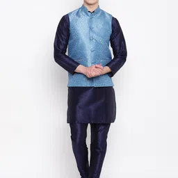MAG Men Navy Blue Solid Kurta with Churidar with Nehru Jacket-10