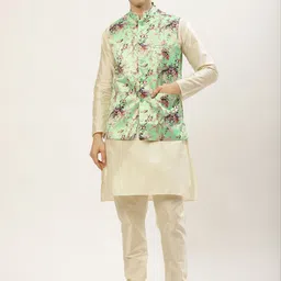 Jompers Men Off White Solid Kurta with Churidar & Nehru Jacket-22