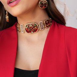 Binnis Wardrobe Tisha Gold-Plated Kundan-Studded Meenakari Choker Jewellery Set-24