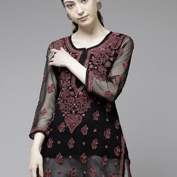 ADA Women Black & Coral Pink Ethnic Motifs Chikankari Pure Georgette Sustainable Kurti With Slip-picture-14