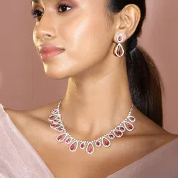 Rubans Rhodium-Plated Rose Pink & White Cubic Zirconia Studded Teardrop Necklace Set-image-71