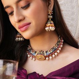 Binnis Wardrobe Gold Plated Kundan Studded & Artificial Beaded Necklace With Earrings-picture-47