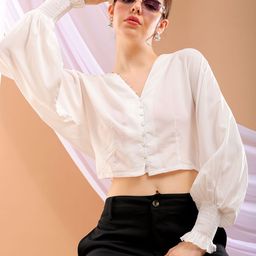 Freehand by The Indian Garage Co White Smocked Detailed V-Neck Puff Sleeves Fitted Top-image-50