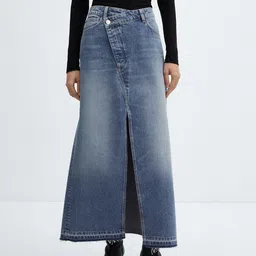 MANGO Washed Pure Cotton Asymmetrical High-Slit Denim A-Line Skirt-picture-6