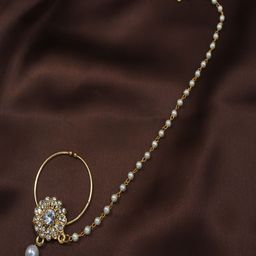 I Jewels White Gold-Plated Pearl Studded Beaded Chained Nose Ring-image-81