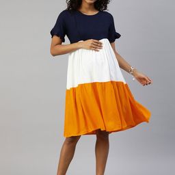 MomToBe Navy Blue Colourblocked Maternity Nursing Fit & Flare Sustainable Dress-image-36