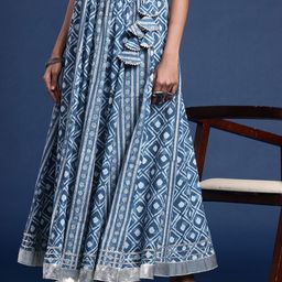 Taavi Indigo Hand Block Printed Pure Cotton Flared Maxi Skirt With Tassel Details-picture-25