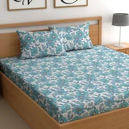 CG HOMES Blue & White Floral Printed Cotton 210 TC Fitted Queen Bedsheet 1.82 m x 1.82 m-picture-19
