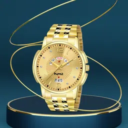 HYMT Men Gold-Toned Dial & Gold Toned Stainless Steel Bracelet Style Straps Analogue Watch HMTY-7008-7