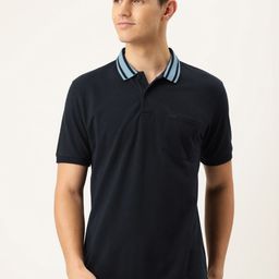 Peter England Men Navy Blue Solid Contrast Polo Collar Pockets Regular Fit T-shirt-picture-36