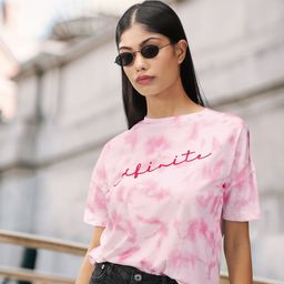 Moda Rapido Women White  Pink Tie and Dye Drop-Shoulder Sleeves Boxy Pure Cotton T-shirt-image-39