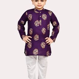 Superminis Boys  Pure Cotton Gold Foil Printed Purple & White Kurta Pyjama Set-picture-18