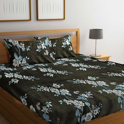 KLOTTHE Olive & Blue Floral Printed 300 TC Wool Double Bedsheet With 2 Pillow Covers-image-51