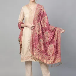 WEAVERS VILLA Women Pink & Beige Woven Design Tasselled Stole-image-55