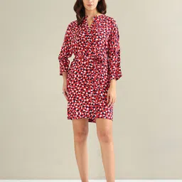 U.S. Polo Assn. Women Geometric Printed Band Collar Roll Up Sleeve Tie Up A-Line Dress-picture-14
