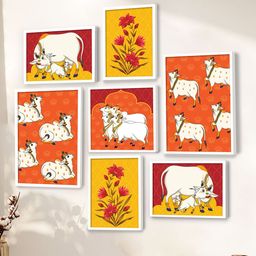 Art Street Orange & White Set of 7 Wooden Cow with Flower Theme Wall Paintings-24