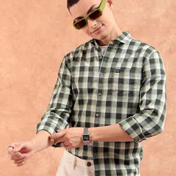 The Indian Garage Co Men Olive Green & Off-White Slim Fit Checked Casual Shirt-3