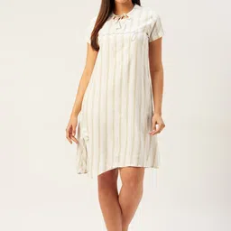 Sweet Dreams Off-White & Beige Striped Asymmetric Hem Knee Length Nightdress-2