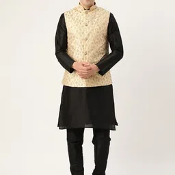 SOJANYA Men Black & Cream-Coloured Solid Kurta with Churidar & Nehru Jacket-4