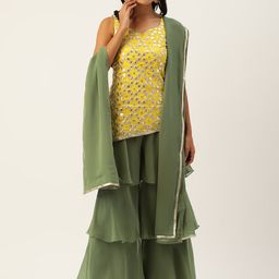 Ethnovog Mustard YellowSilver Made To Measure Embroidered Kurti Sharara Dupatta-image-25